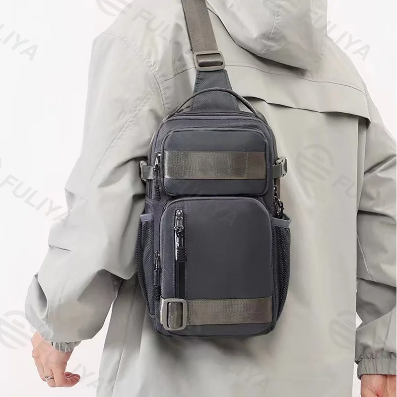 Guangzhou Fuliya Industry Co.,Ltd C-81081 Men's casual chest bag, lightweight, large capacity, multi-layer storage, main/divider/front/side mesh pockets - left/right shoulder alternate carry.