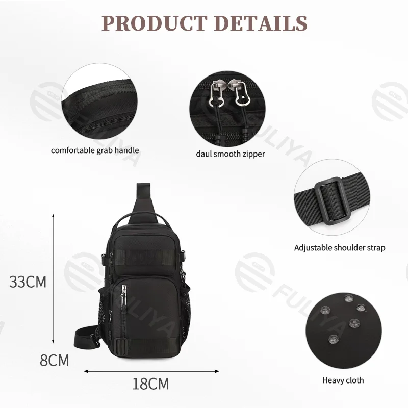 Guangzhou Fuliya Industry Co.,Ltd C-81081 Men's casual chest bag, lightweight, large capacity, multi-layer storage, main/divider/front/side mesh pockets - left/right shoulder alternate carry.