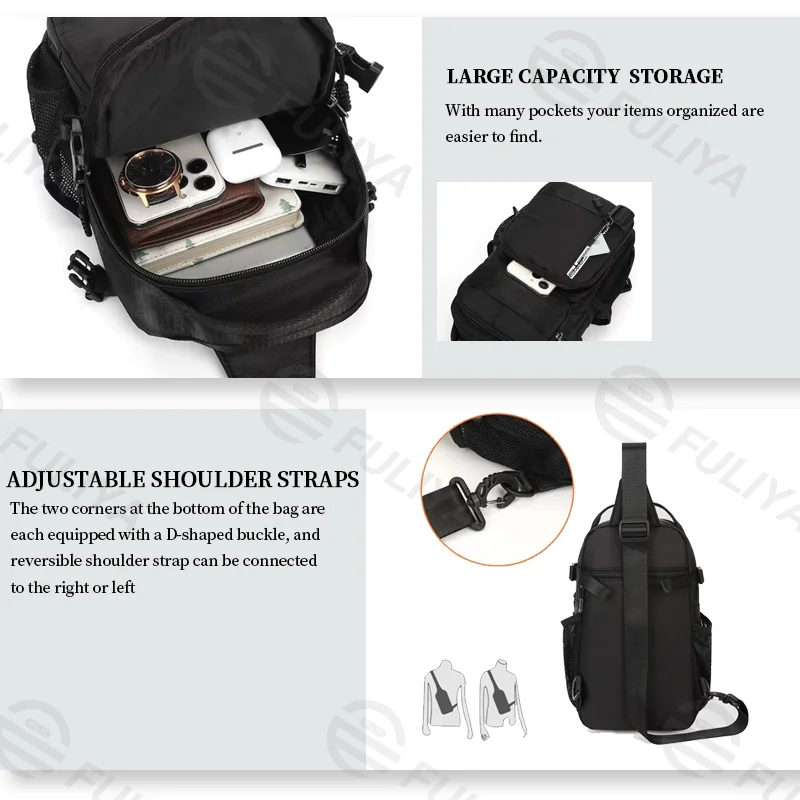 Guangzhou Fuliya Industry Co.,Ltd C-81081 Men's casual chest bag, lightweight, large capacity, multi-layer storage, main/divider/front/side mesh pockets - left/right shoulder alternate carry.