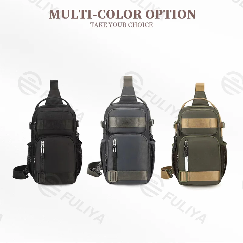 Guangzhou Fuliya Industry Co.,Ltd C-81081 Men's casual chest bag, lightweight, large capacity, multi-layer storage, main/divider/front/side mesh pockets - left/right shoulder alternate carry.