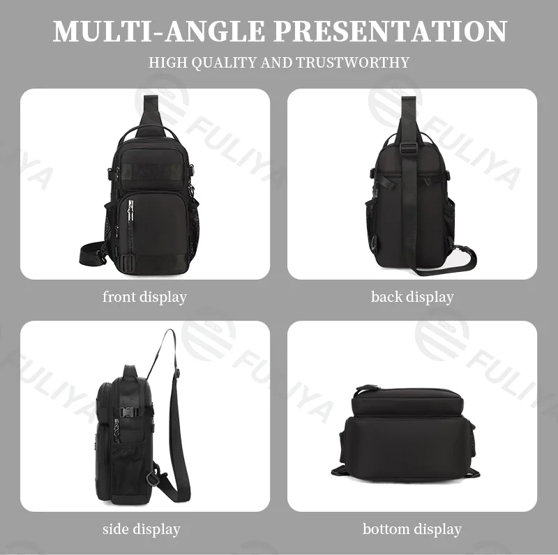 Guangzhou Fuliya Industry Co.,Ltd C-81081 Men's casual chest bag, lightweight, large capacity, multi-layer storage, main/divider/front/side mesh pockets - left/right shoulder alternate carry.