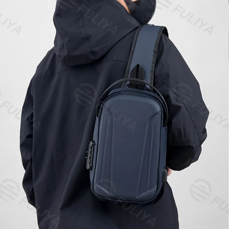 Guangzhou Fuliya Industry Co.,Ltd C-81082 Men's hard-shell chest bag, water-repellent Oxford fabric, combination lock, anti-theft back pocket, USB port, 180° wide opening, and breathable back panel - left/right shoulder alternate carry.