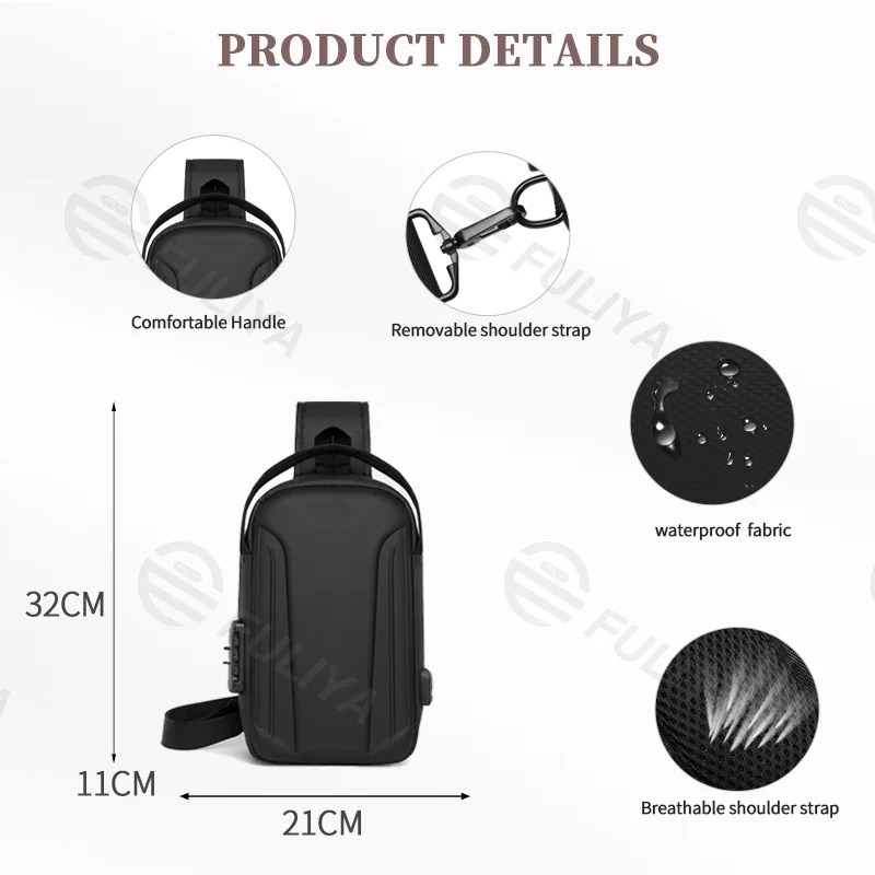 Guangzhou Fuliya Industry Co.,Ltd C-81082 Men's hard-shell chest bag, water-repellent Oxford fabric, combination lock, anti-theft back pocket, USB port, 180° wide opening, and breathable back panel - left/right shoulder alternate carry.