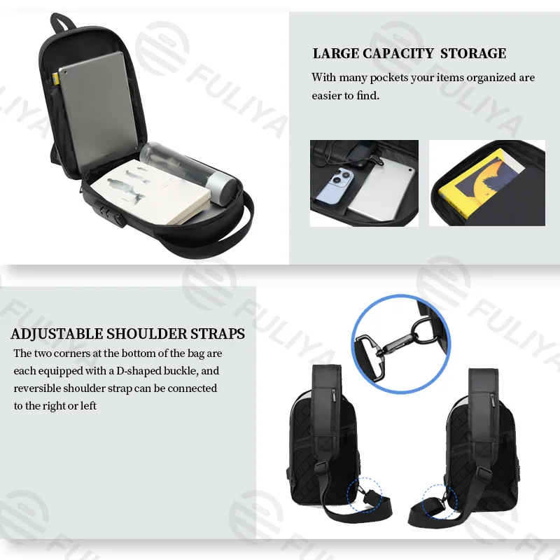 Guangzhou Fuliya Industry Co.,Ltd C-81082 Men's hard-shell chest bag, water-repellent Oxford fabric, combination lock, anti-theft back pocket, USB port, 180° wide opening, and breathable back panel - left/right shoulder alternate carry.