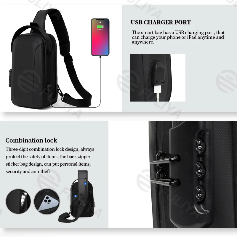 Guangzhou Fuliya Industry Co.,Ltd C-81082 Men's hard-shell chest bag, water-repellent Oxford fabric, combination lock, anti-theft back pocket, USB port, 180° wide opening, and breathable back panel - left/right shoulder alternate carry.
