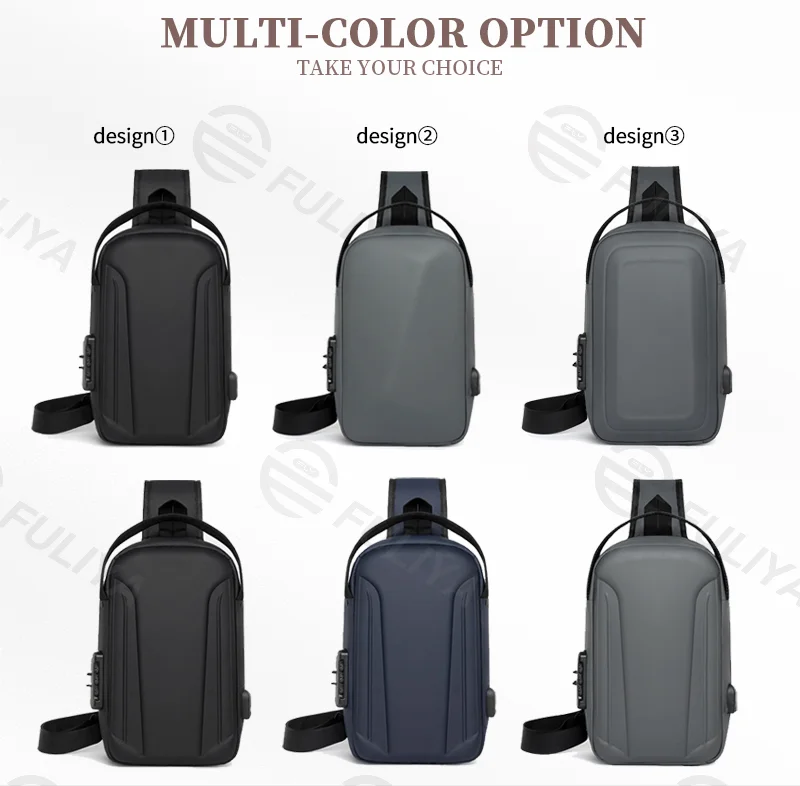 Guangzhou Fuliya Industry Co.,Ltd C-81082 Men's hard-shell chest bag, water-repellent Oxford fabric, combination lock, anti-theft back pocket, USB port, 180° wide opening, and breathable back panel - left/right shoulder alternate carry.