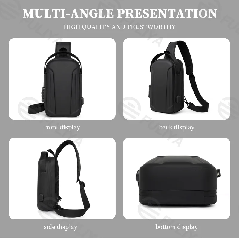 Guangzhou Fuliya Industry Co.,Ltd C-81082 Men's hard-shell chest bag, water-repellent Oxford fabric, combination lock, anti-theft back pocket, USB port, 180° wide opening, and breathable back panel - left/right shoulder alternate carry.
