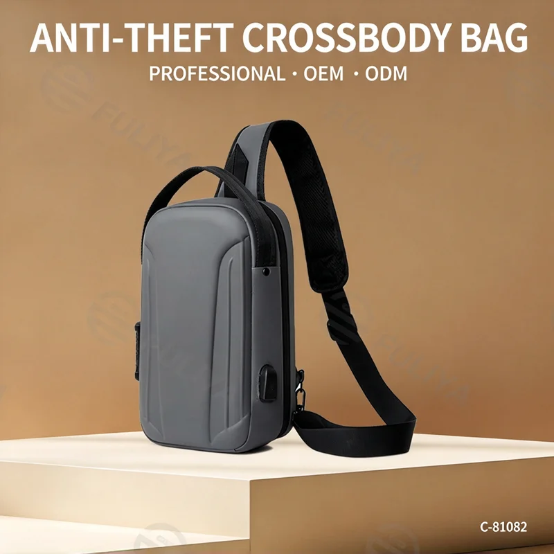 Guangzhou Fuliya Industry Co.,Ltd C-81082 Men's hard-shell chest bag, water-repellent Oxford fabric, combination lock, anti-theft back pocket, USB port, 180° wide opening, and breathable back panel - left/right shoulder alternate carry.