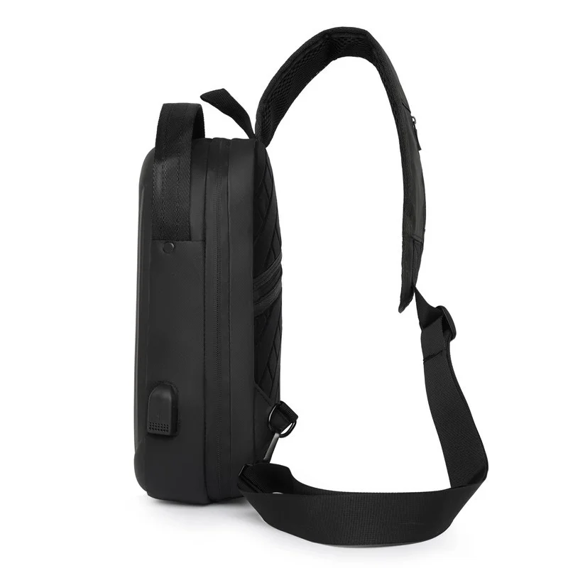 Guangzhou Fuliya Industry Co.,Ltd C-81082 Men's hard-shell chest bag, water-repellent Oxford fabric, combination lock, anti-theft back pocket, USB port, 180° wide opening, and breathable back panel - left/right shoulder alternate carry.