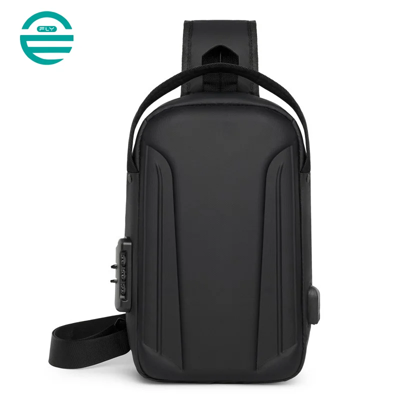 Guangzhou Fuliya Industry Co.,Ltd C-81082 Men's hard-shell chest bag, water-repellent Oxford fabric, combination lock, anti-theft back pocket, USB port, 180° wide opening, and breathable back panel - left/right shoulder alternate carry.