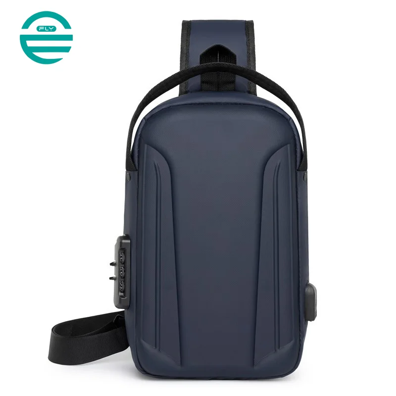 Guangzhou Fuliya Industry Co.,Ltd C-81082 Men's hard-shell chest bag, water-repellent Oxford fabric, combination lock, anti-theft back pocket, USB port, 180° wide opening, and breathable back panel - left/right shoulder alternate carry.