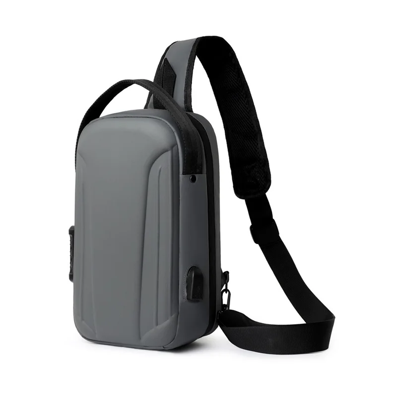 Guangzhou Fuliya Industry Co.,Ltd C-81082 Men's hard-shell chest bag, water-repellent Oxford fabric, combination lock, anti-theft back pocket, USB port, 180° wide opening, and breathable back panel - left/right shoulder alternate carry.