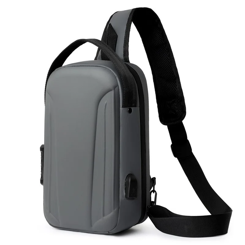 Guangzhou Fuliya Industry Co.,Ltd C-81082 Men's hard-shell chest bag, water-repellent Oxford fabric, combination lock, anti-theft back pocket, USB port, 180° wide opening, and breathable back panel - left/right shoulder alternate carry.