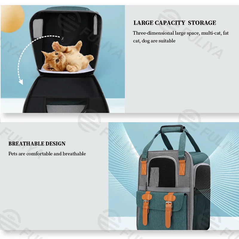 Guangzhou Fuliya Industry Co.,Ltd C-81084  Pet travel backpack, water-repellent canvas, wide opening, multi-side ventilation, escape-proof buckle, front pocket, reinforced stress points, and anti-slip base pad - for cats, small/medium dogs, and rabbits.