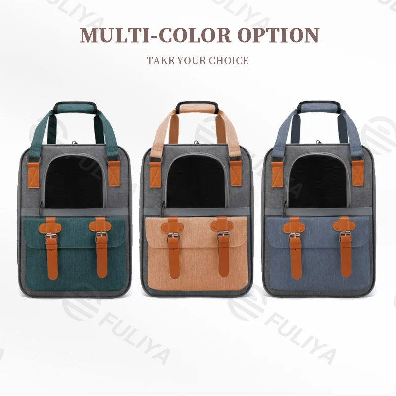 Guangzhou Fuliya Industry Co.,Ltd C-81084  Pet travel backpack, water-repellent canvas, wide opening, multi-side ventilation, escape-proof buckle, front pocket, reinforced stress points, and anti-slip base pad - for cats, small/medium dogs, and rabbits.