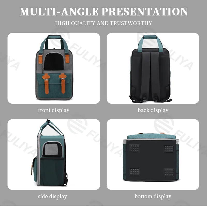 Guangzhou Fuliya Industry Co.,Ltd C-81084  Pet travel backpack, water-repellent canvas, wide opening, multi-side ventilation, escape-proof buckle, front pocket, reinforced stress points, and anti-slip base pad - for cats, small/medium dogs, and rabbits.