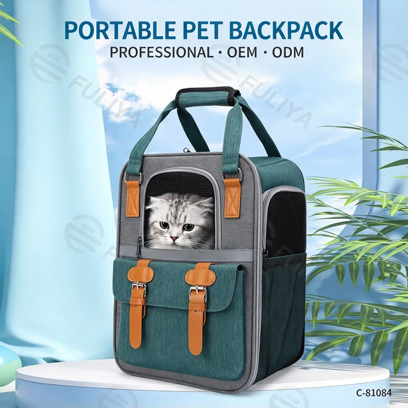 Guangzhou Fuliya Industry Co.,Ltd C-81084  Pet travel backpack, water-repellent canvas, wide opening, multi-side ventilation, escape-proof buckle, front pocket, reinforced stress points, and anti-slip base pad - for cats, small/medium dogs, and rabbits.