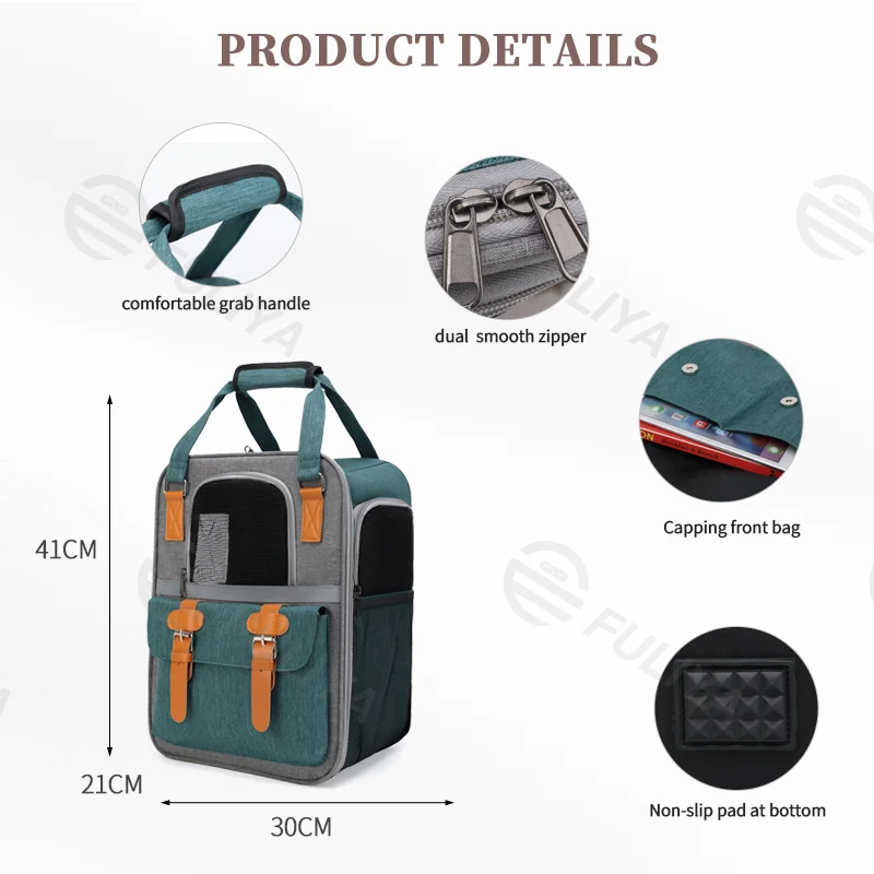 Guangzhou Fuliya Industry Co.,Ltd C-81084  Pet travel backpack, water-repellent canvas, wide opening, multi-side ventilation, escape-proof buckle, front pocket, reinforced stress points, and anti-slip base pad - for cats, small/medium dogs, and rabbits.