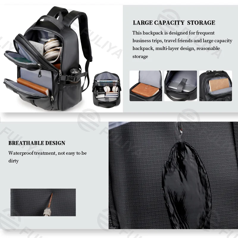 Guangzhou Fuliya Industry Co.,Ltd C-81085 Business travel laptop backpack, water-resistant, large capacity, fits 15.6" laptop, laptop compartment, ventilated back, and luggage strap - for business trips, commuting, and school.