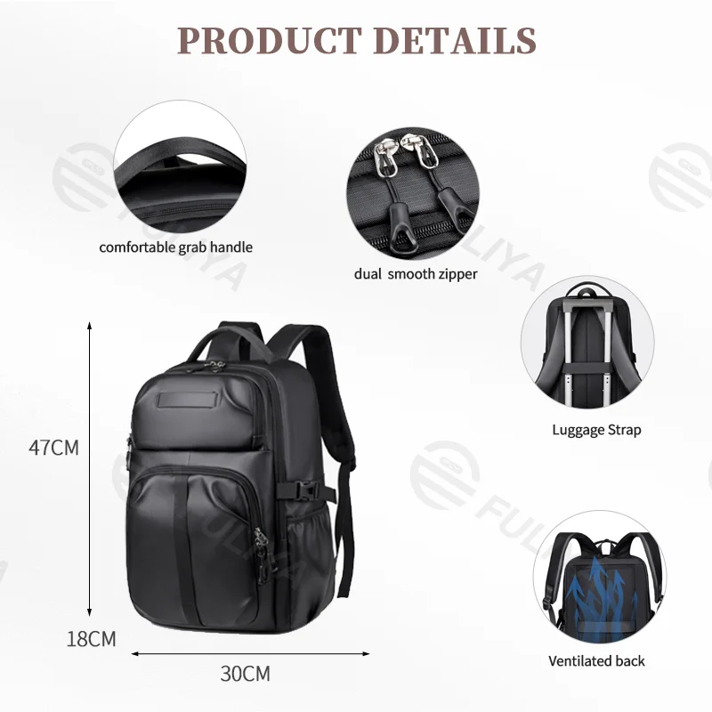 Guangzhou Fuliya Industry Co.,Ltd C-81085 Business travel laptop backpack, water-resistant, large capacity, fits 15.6" laptop, laptop compartment, ventilated back, and luggage strap - for business trips, commuting, and school.