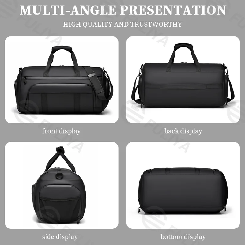 Guangzhou Fuliya Industry Co.,Ltd C-81086 Sports travel gym bag, water-resistant, large capacity, shoe compartment, wet/dry pocket, adjustable strap, and luggage strap - hand, shoulder, or crossbody carry for gym, business trips, and travel.