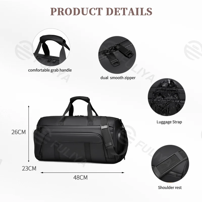 Guangzhou Fuliya Industry Co.,Ltd C-81086 Sports travel gym bag, water-resistant, large capacity, shoe compartment, wet/dry pocket, adjustable strap, and luggage strap - hand, shoulder, or crossbody carry for gym, business trips, and travel.