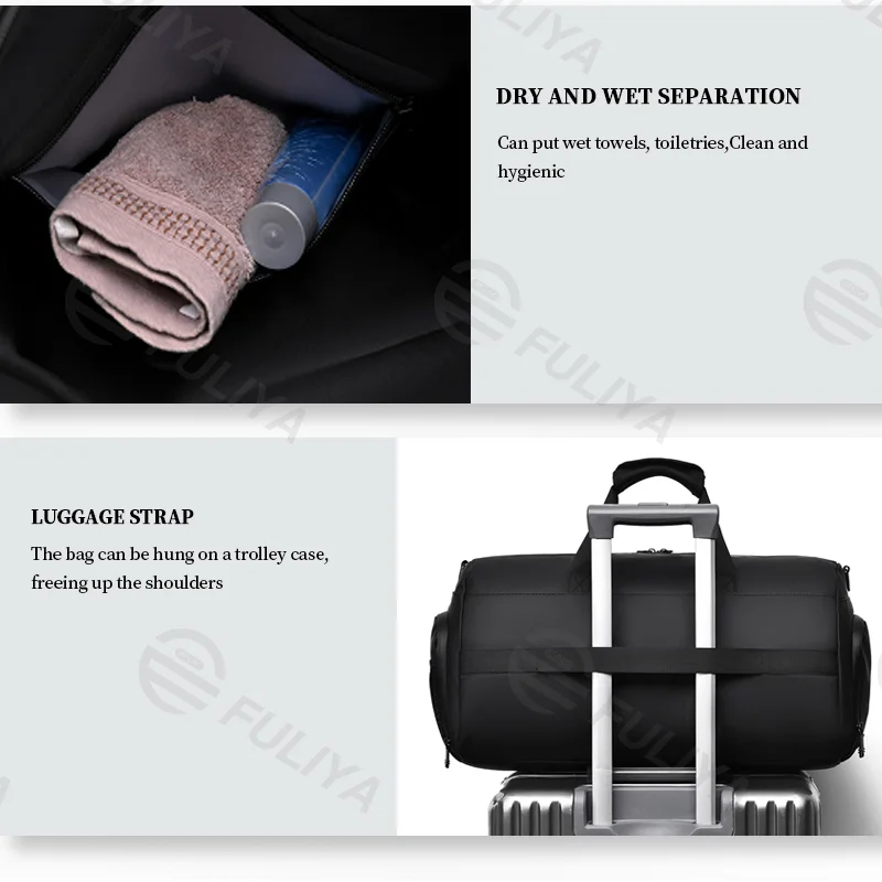 Guangzhou Fuliya Industry Co.,Ltd C-81086 Sports travel gym bag, water-resistant, large capacity, shoe compartment, wet/dry pocket, adjustable strap, and luggage strap - hand, shoulder, or crossbody carry for gym, business trips, and travel.