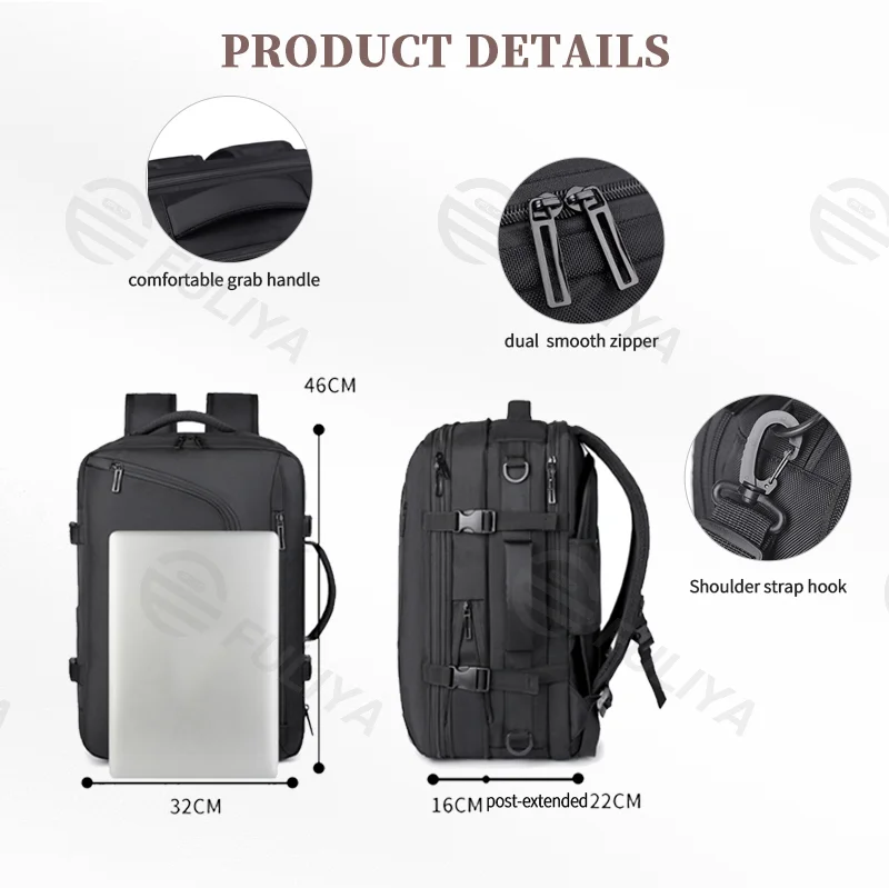 Guangzhou Fuliya Industry Co.,Ltd C-81087 Vacuum compression travel backpack, water-resistant, large capacity, laptop compartment, shoe compartment, wet/dry pocket, USB port, and breathable back panel - for business trips and travel.