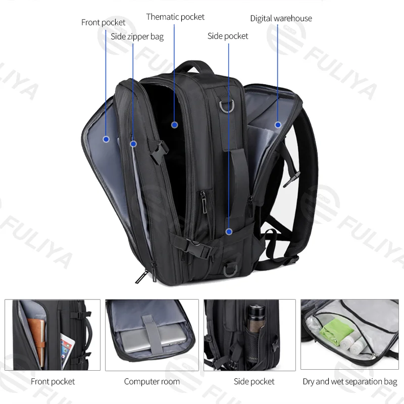 Guangzhou Fuliya Industry Co.,Ltd C-81087 Vacuum compression travel backpack, water-resistant, large capacity, laptop compartment, shoe compartment, wet/dry pocket, USB port, and breathable back panel - for business trips and travel.