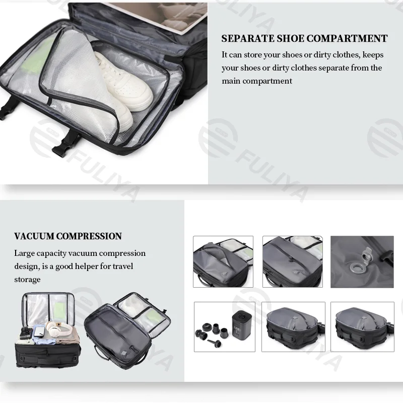 Guangzhou Fuliya Industry Co.,Ltd C-81087 Vacuum compression travel backpack, water-resistant, large capacity, laptop compartment, shoe compartment, wet/dry pocket, USB port, and breathable back panel - for business trips and travel.