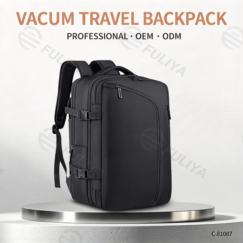 Guangzhou Fuliya Industry Co.,Ltd C-81087 Vacuum compression travel backpack, water-resistant, large capacity, laptop compartment, shoe compartment, wet/dry pocket, USB port, and breathable back panel - for business trips and travel.