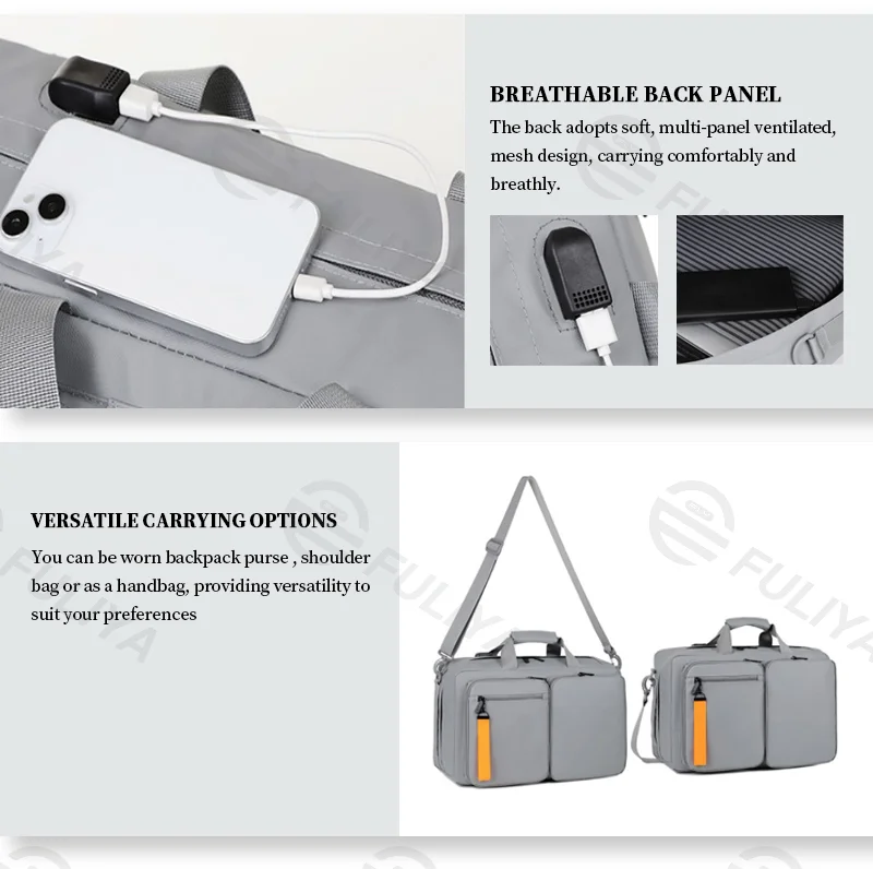 Guangzhou Fuliya Industry Co.,Ltd C-81089 Casual commuter laptop backpack, water-repellent, large capacity, laptop compartment, USB port, hidden straps, and Velcro handle - for business, commuting, and travel.