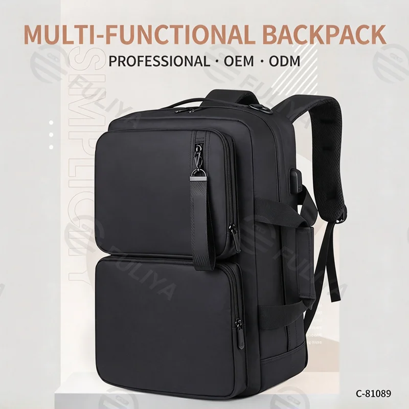 Guangzhou Fuliya Industry Co.,Ltd C-81089 Casual commuter laptop backpack, water-repellent, large capacity, laptop compartment, USB port, hidden straps, and Velcro handle - for business, commuting, and travel.