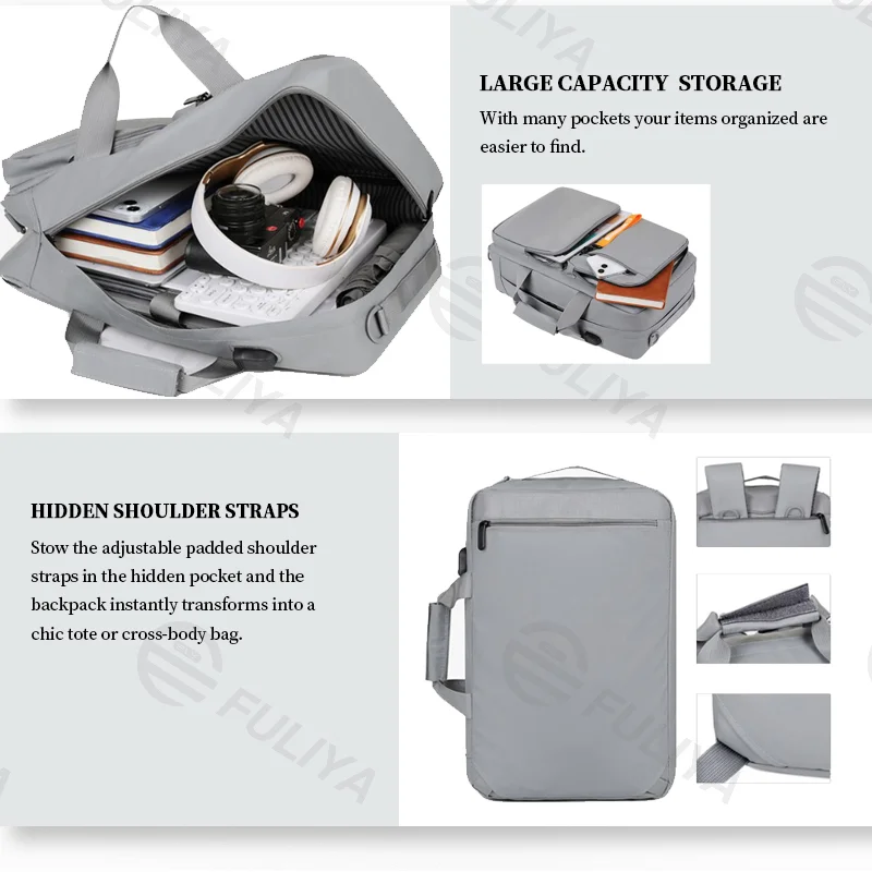Guangzhou Fuliya Industry Co.,Ltd C-81089 Casual commuter laptop backpack, water-repellent, large capacity, laptop compartment, USB port, hidden straps, and Velcro handle - for business, commuting, and travel.