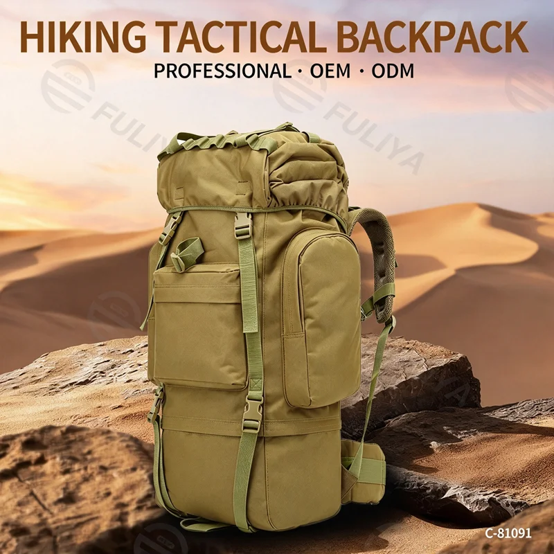 Guangzhou Fuliya Industry Co.,Ltd C-81091 65L tactical backpack, water-repellent, pressure-relieving back pad, detachable straps and belt, U-shaped aluminum frame, chest buckle, rain cover, and top straps - for hiking and climbing.