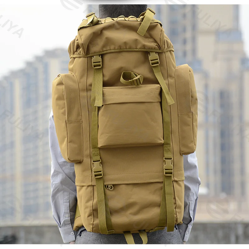 Guangzhou Fuliya Industry Co.,Ltd C-81091 65L tactical backpack, water-repellent, pressure-relieving back pad, detachable straps and belt, U-shaped aluminum frame, chest buckle, rain cover, and top straps - for hiking and climbing.