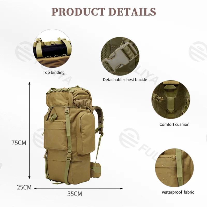 Guangzhou Fuliya Industry Co.,Ltd C-81091 65L tactical backpack, water-repellent, pressure-relieving back pad, detachable straps and belt, U-shaped aluminum frame, chest buckle, rain cover, and top straps - for hiking and climbing.