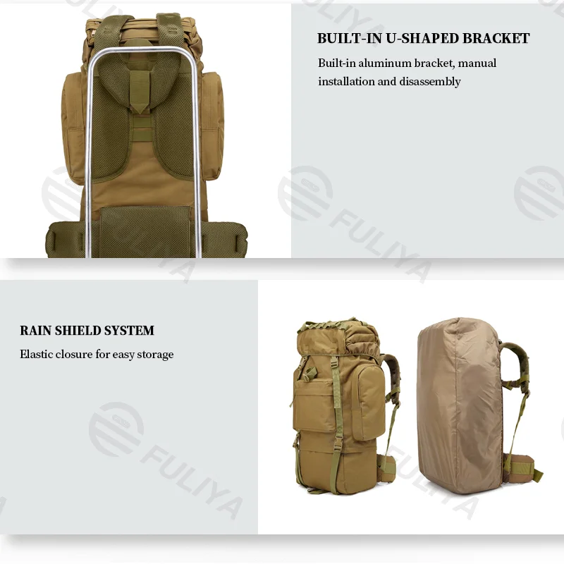 Guangzhou Fuliya Industry Co.,Ltd C-81091 65L tactical backpack, water-repellent, pressure-relieving back pad, detachable straps and belt, U-shaped aluminum frame, chest buckle, rain cover, and top straps - for hiking and climbing.