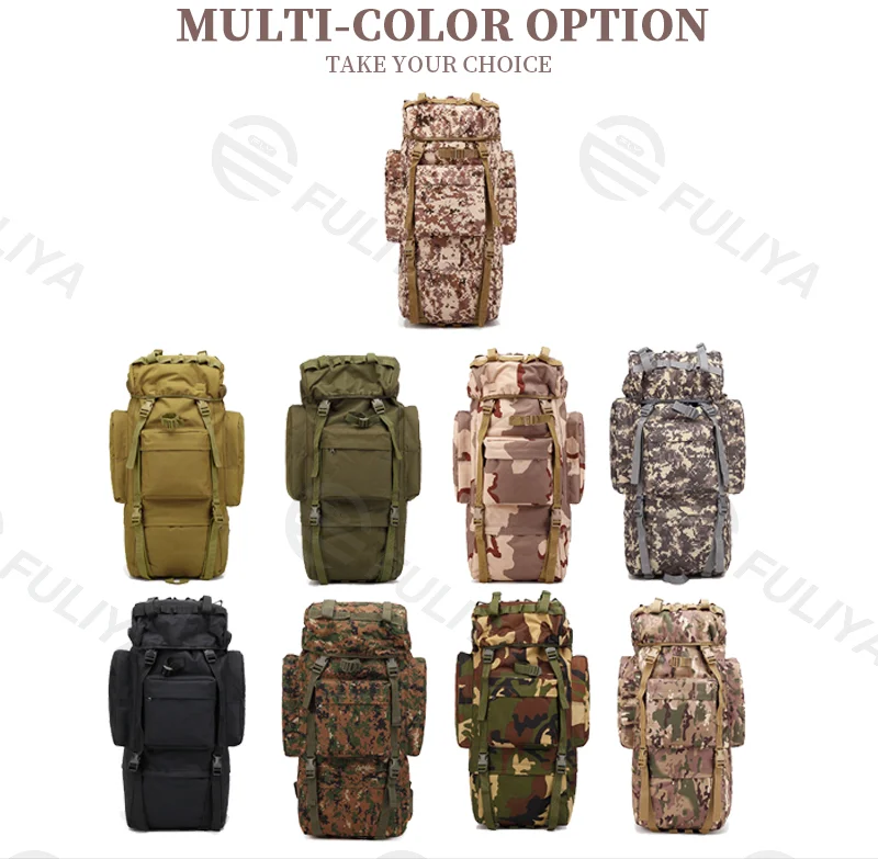 Guangzhou Fuliya Industry Co.,Ltd C-81091 65L tactical backpack, water-repellent, pressure-relieving back pad, detachable straps and belt, U-shaped aluminum frame, chest buckle, rain cover, and top straps - for hiking and climbing.