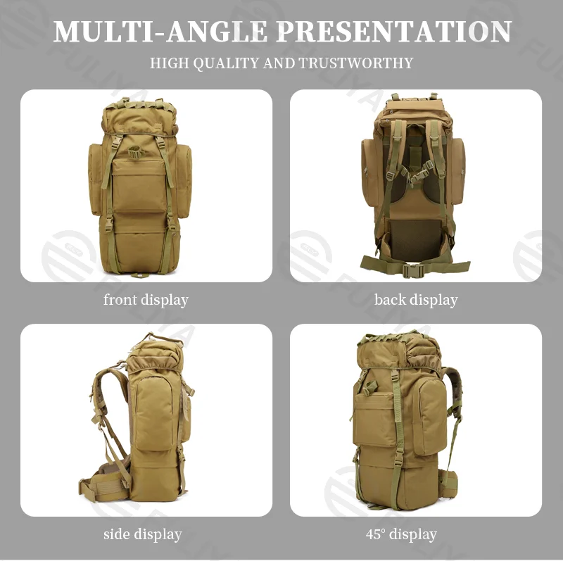 Guangzhou Fuliya Industry Co.,Ltd C-81091 65L tactical backpack, water-repellent, pressure-relieving back pad, detachable straps and belt, U-shaped aluminum frame, chest buckle, rain cover, and top straps - for hiking and climbing.