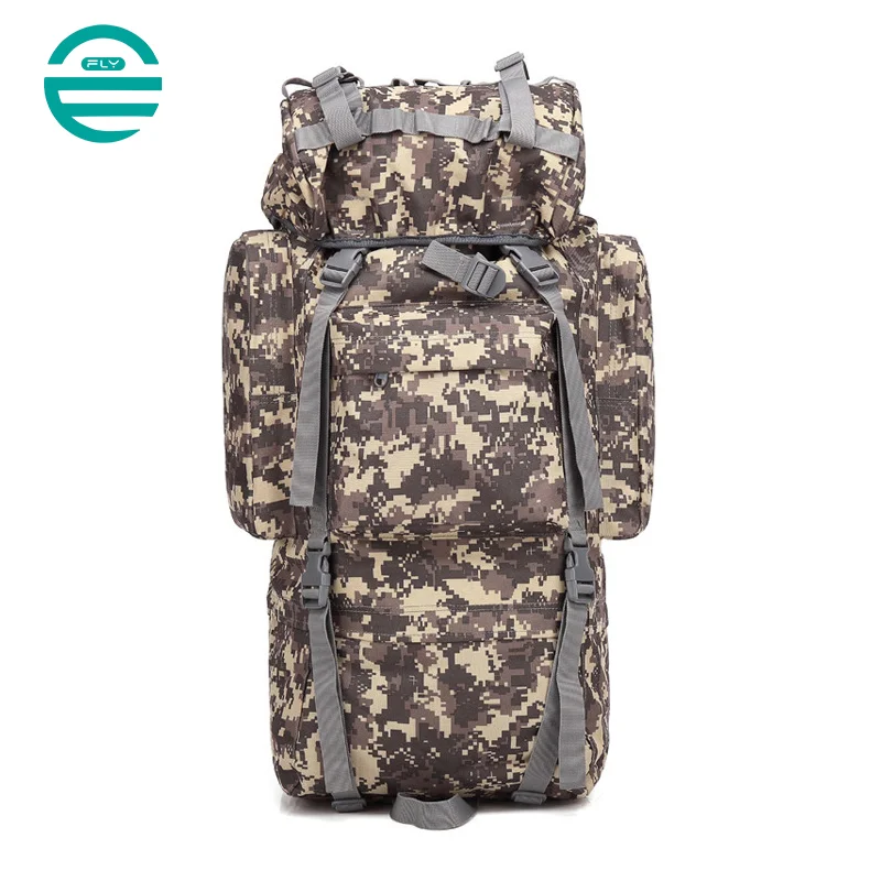 Guangzhou Fuliya Industry Co.,Ltd C-81091 65L tactical backpack, water-repellent, pressure-relieving back pad, detachable straps and belt, U-shaped aluminum frame, chest buckle, rain cover, and top straps - for hiking and climbing.