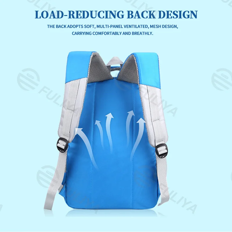 Guangzhou Fuliya Industry Co.,Ltd C-81092 Large-capacity water-repellent school backpack, multi-layer storage, laptop sleeve, side mesh pocket, reflective strips, breathable spine-protection back pad, and S-curve straps - for grades 1-3.