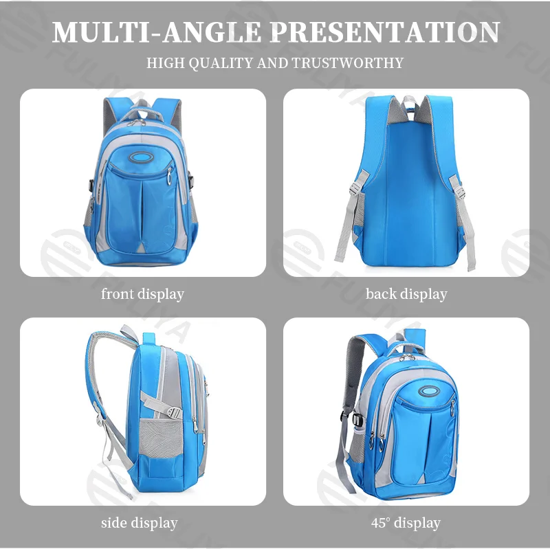 Guangzhou Fuliya Industry Co.,Ltd C-81092 Large-capacity water-repellent school backpack, multi-layer storage, laptop sleeve, side mesh pocket, reflective strips, breathable spine-protection back pad, and S-curve straps - for grades 1-3.