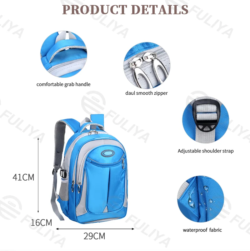 Guangzhou Fuliya Industry Co.,Ltd C-81092 Large-capacity water-repellent school backpack, multi-layer storage, laptop sleeve, side mesh pocket, reflective strips, breathable spine-protection back pad, and S-curve straps - for grades 1-3.