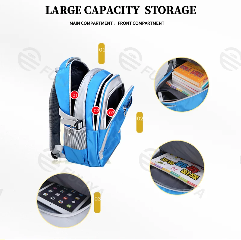Guangzhou Fuliya Industry Co.,Ltd C-81092 Large-capacity water-repellent school backpack, multi-layer storage, laptop sleeve, side mesh pocket, reflective strips, breathable spine-protection back pad, and S-curve straps - for grades 1-3.