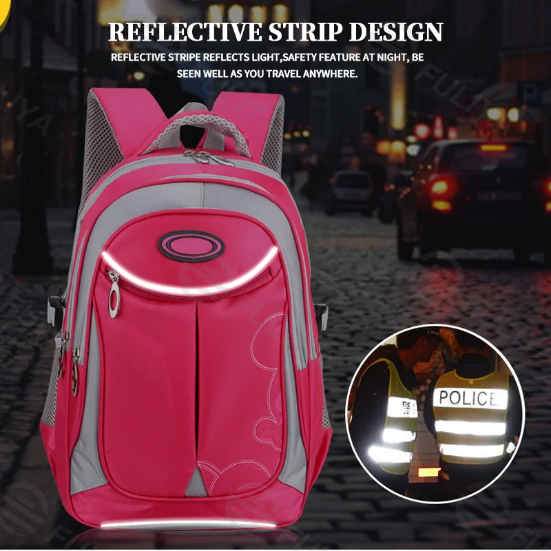 Guangzhou Fuliya Industry Co.,Ltd C-81092 Large-capacity water-repellent school backpack, multi-layer storage, laptop sleeve, side mesh pocket, reflective strips, breathable spine-protection back pad, and S-curve straps - for grades 1-3.