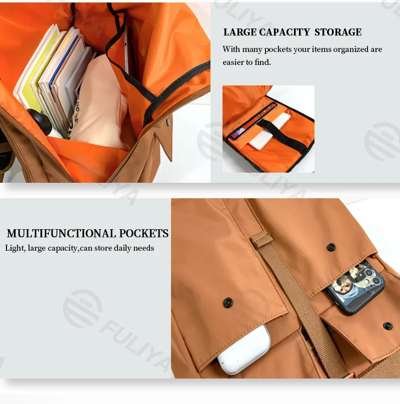 Guangzhou Fuliya Industry Co.,Ltd C-81093 Large-capacity rolltop backpack, water-resistant, multi-layer storage, laptop sleeve, multi-functional pockets, dual zipper, clip, and comfortable handle - for students, commuting, and travel.