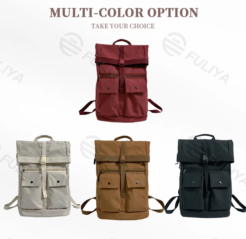 Guangzhou Fuliya Industry Co.,Ltd C-81093 Large-capacity rolltop backpack, water-resistant, multi-layer storage, laptop sleeve, multi-functional pockets, dual zipper, clip, and comfortable handle - for students, commuting, and travel.