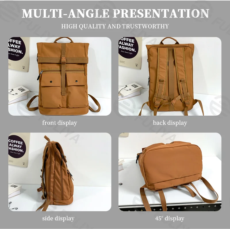 Guangzhou Fuliya Industry Co.,Ltd C-81093 Large-capacity rolltop backpack, water-resistant, multi-layer storage, laptop sleeve, multi-functional pockets, dual zipper, clip, and comfortable handle - for students, commuting, and travel.