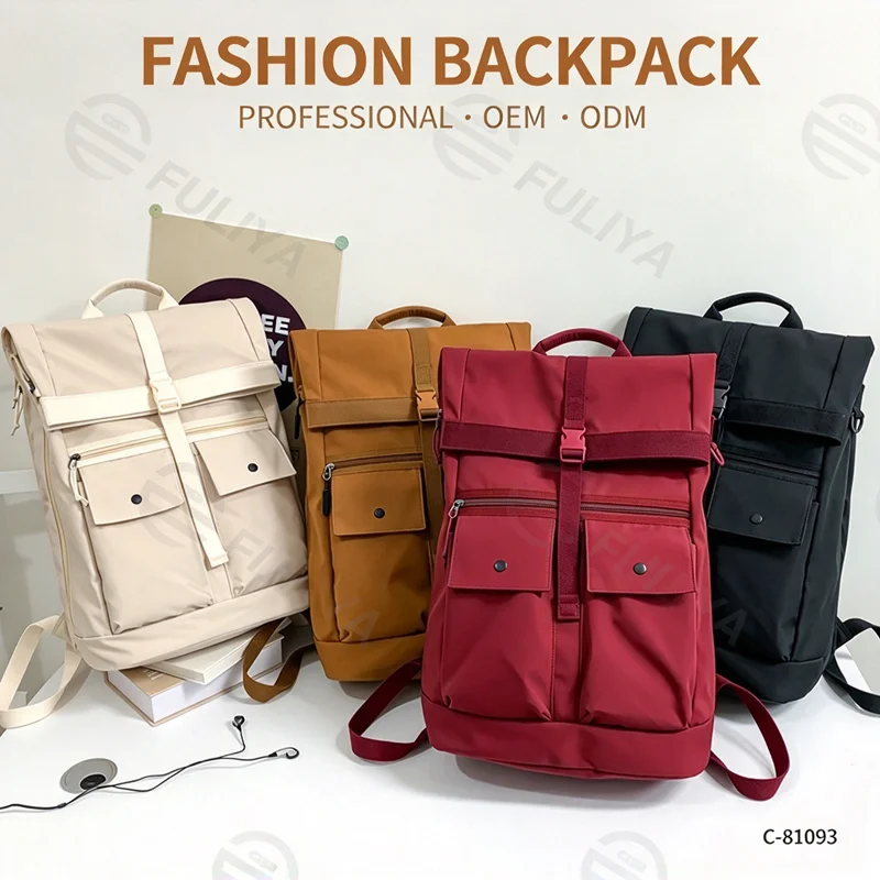 Guangzhou Fuliya Industry Co.,Ltd C-81093 Large-capacity rolltop backpack, water-resistant, multi-layer storage, laptop sleeve, multi-functional pockets, dual zipper, clip, and comfortable handle - for students, commuting, and travel.